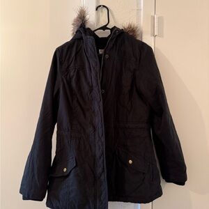 Black Hooded Parka with Fur Trim